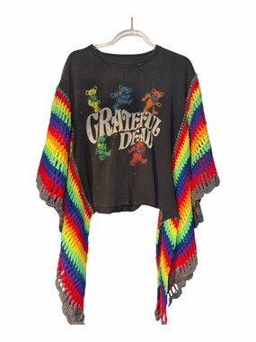 Grateful Dead Rainbow Bear Crocheted Sleeve Top - Black & Rainbow handmade